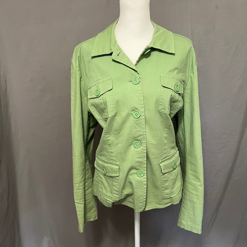 GH Bass Green Cotton Stretch Utility Jacket Button‎ Front Pockets Collared XL